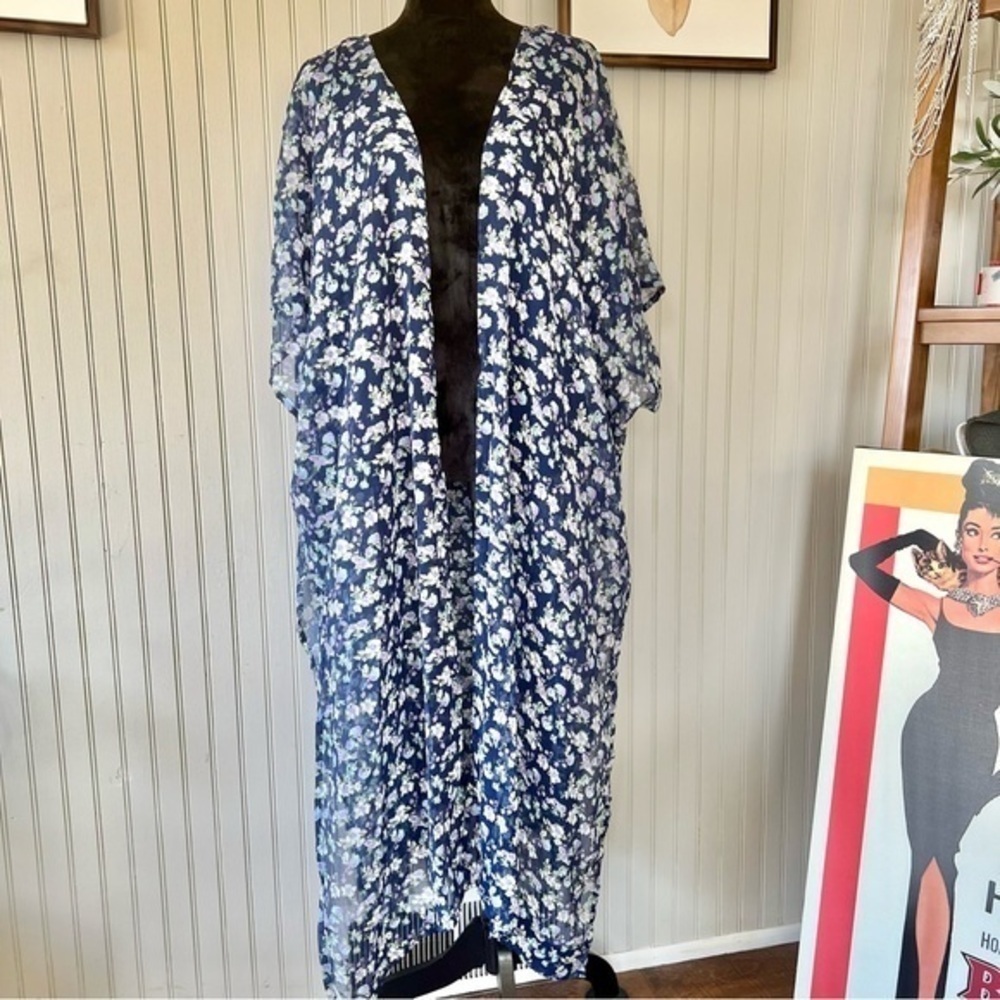 Semi Sheer Navy Blue Floral Open Back Long Kimono Duster